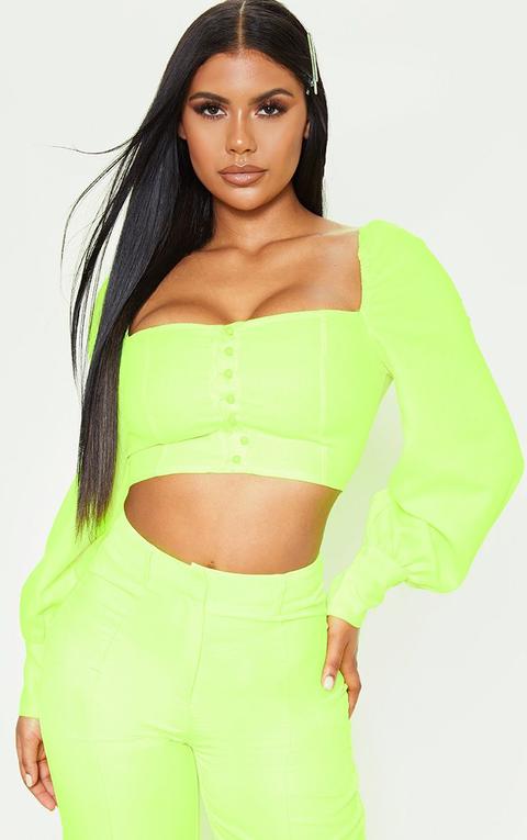 Neon Lime Button Front Puff Sleeve Top, Neon Lime