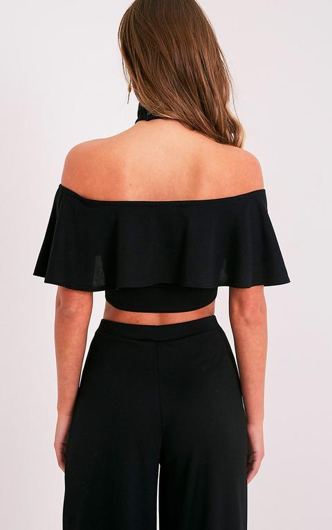 Chanelle Black Bardot Frill Crop Top