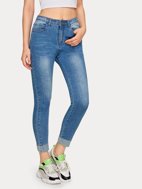 Jeans Monocolori Aderenti Con Orlo Arrotolato