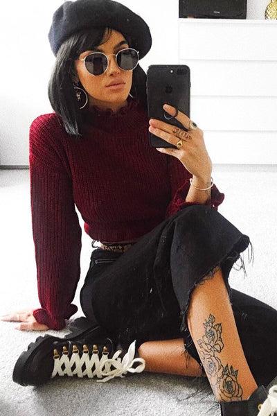 Wine Ruffle Hem Chunky Knit Crop Jumper - Alannah