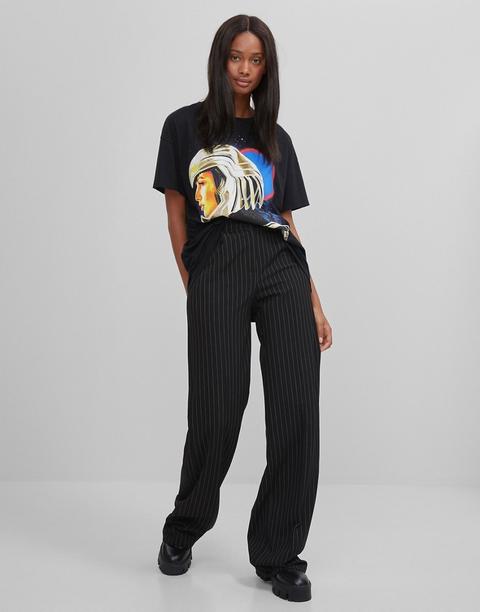 Bershka Wide Leg Pinstripe Trouser In Black