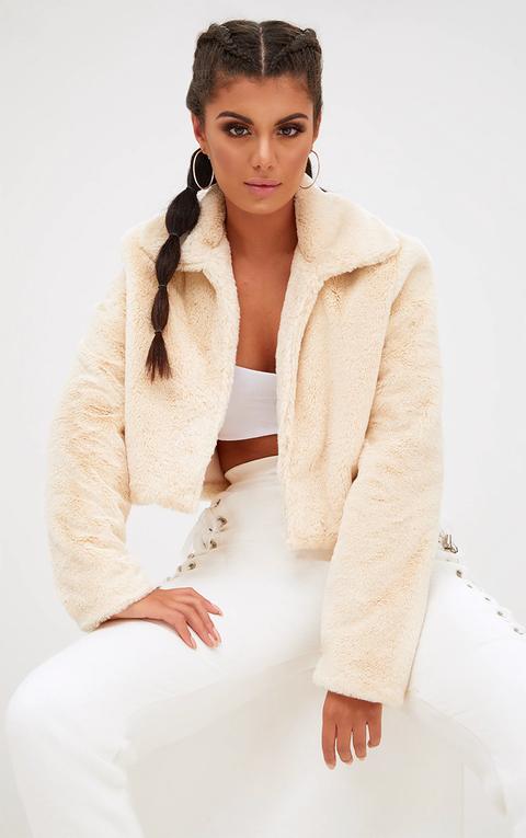 Cream Cropped Faux Fur Coat, White