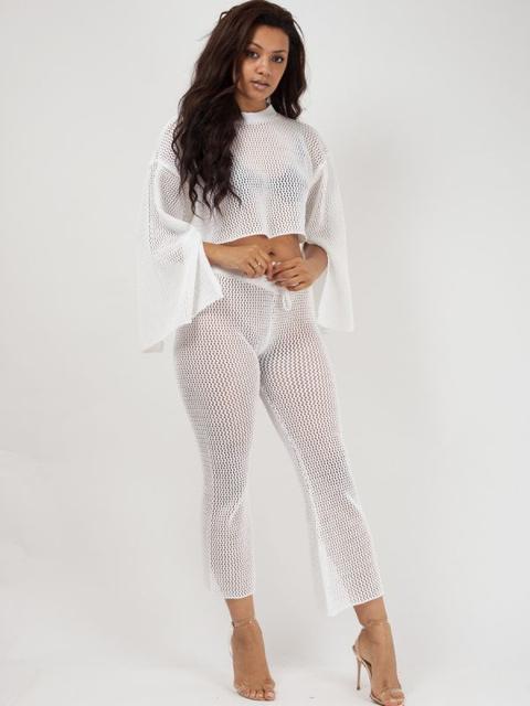 Ellen Crochet Knit Split Sleeve Crop Top & Trouser Co-ord In Cream