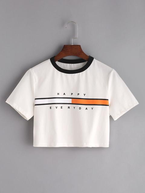 White Graphic Print Contrast Neck Crop T-shirt