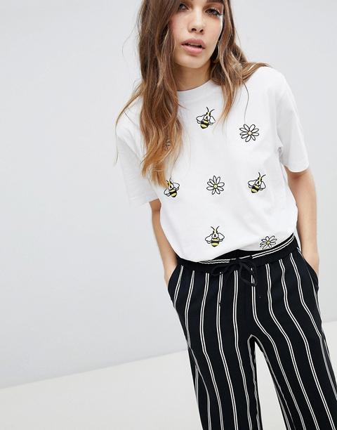 Monki - T-shirt Con Ricami Di Api E Fiori - Bianco