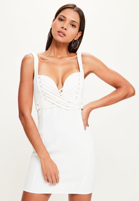 White Crepe Sweetheart Strap Detail Bodycon Dress