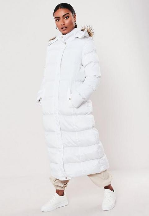 White Faux Far Hooded Puffer Coat, White