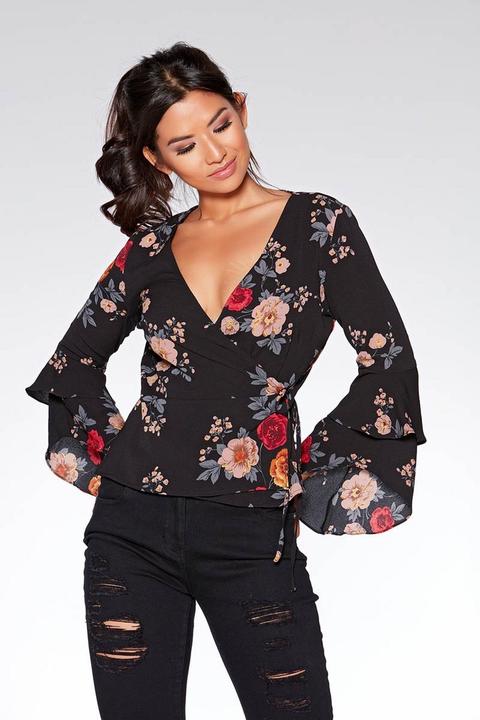 Black Floral Print Frill Sleeve Wrap Top