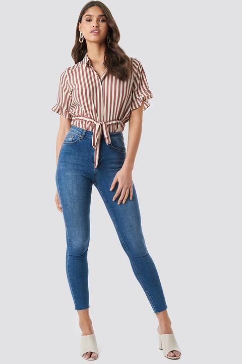 Skinny High Waist Raw Hem Jeans Blau