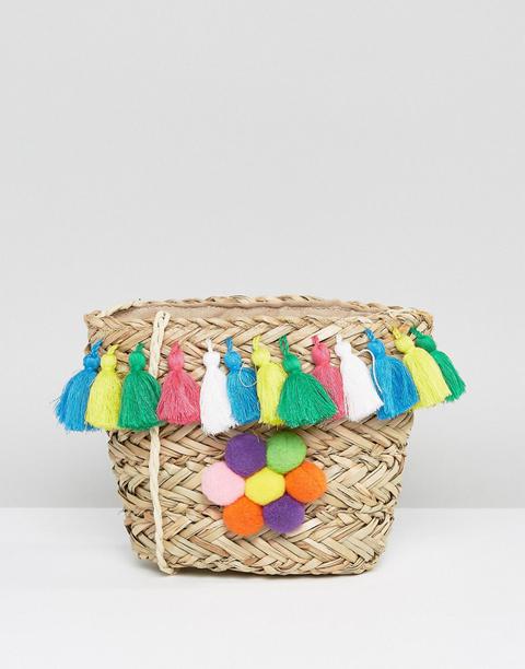 Glamorous - Borsa A Tracolla Di Paglia Con Pompon Multicolore - Multicolore