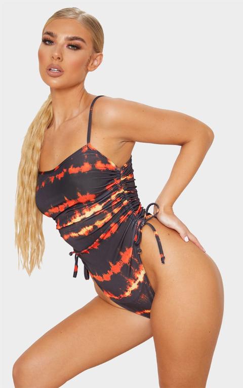 Red Tie Dye Ruched Side Swimsuit