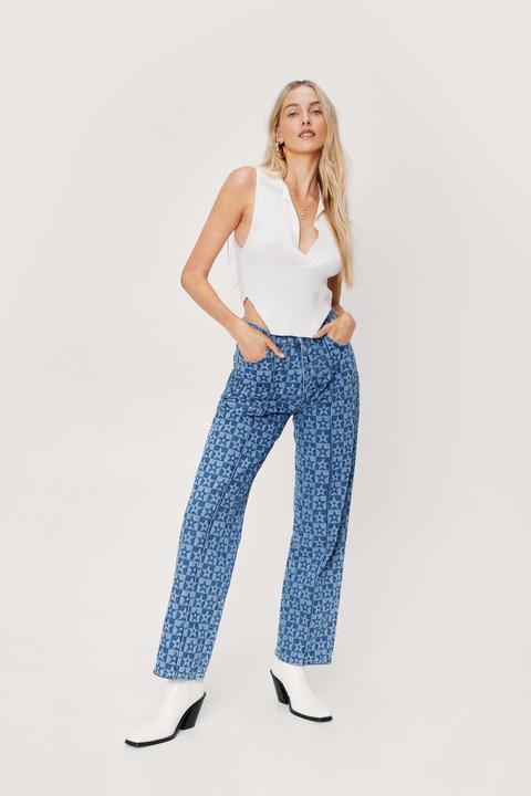 Womens Star Print High Waisted Straight Leg Jeans