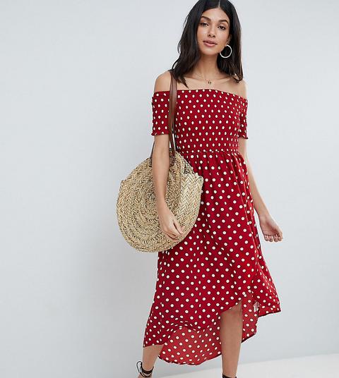 Parisian Tall - Vestito Midi A Pois Con Spalle Scoperte - Rosso