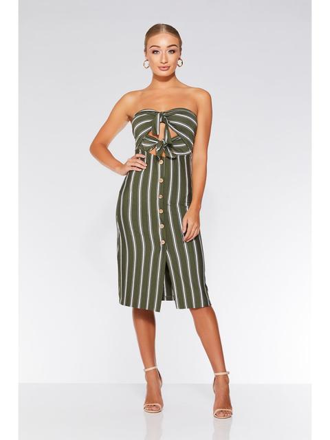 Khaki And Cream Stripe Button Midi Dress