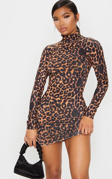 Brown Leopard Print Ribbed Long Sleeve High Neck Bodycon Dress