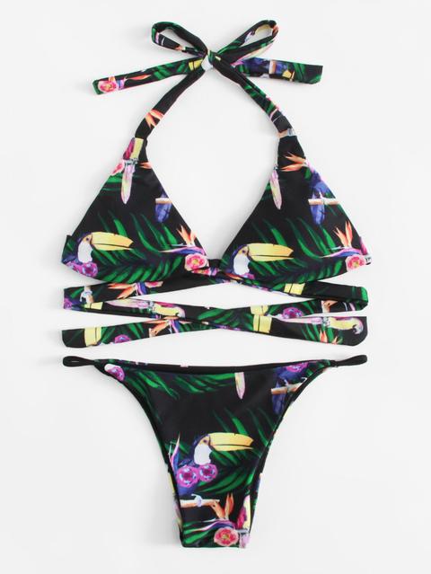 Tropical Print Halter Bikini Set