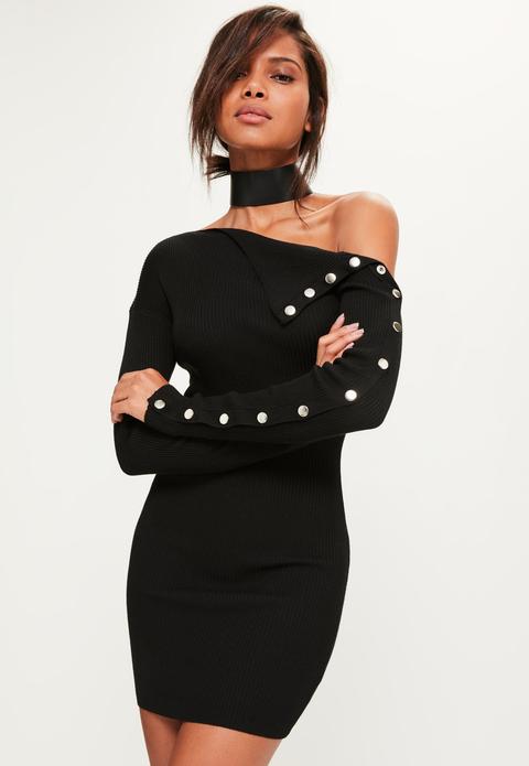 Black Button Sleeve Mini Jumper Dress