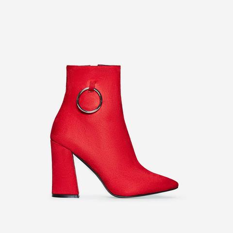 Ruben Pull Ring Detail Ankle Boot In Red Faux Suede, Red