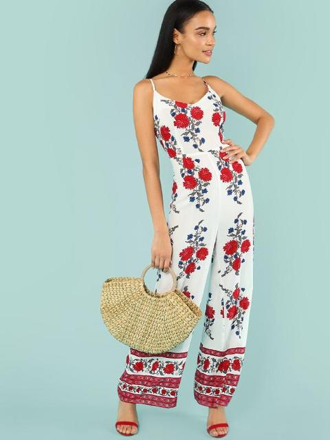 Mono De Tirante De Pierna Ancha Con Estampado Floral