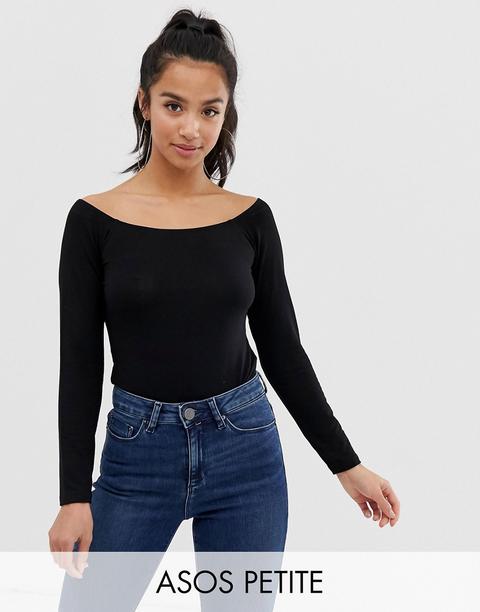 Asos Design Petite - Top Nero A Maniche Lunghe Con Spalle Scoperte - Nero