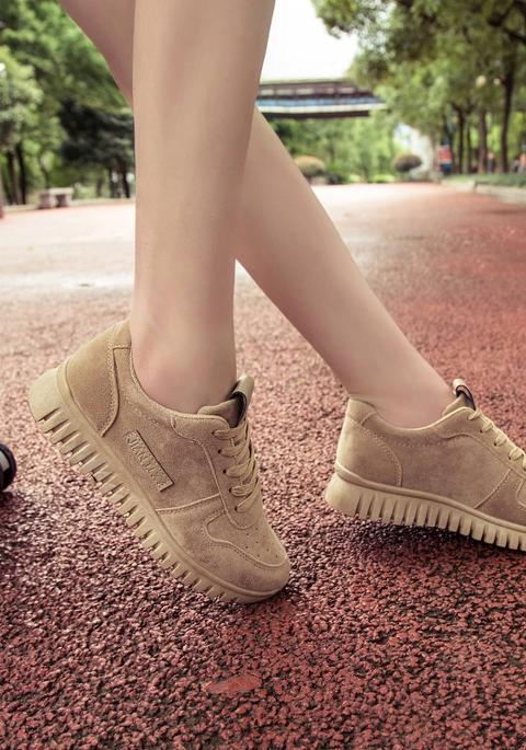 Scarpe Punta Rotonda Piatta Stringate Casuale Con Suola Pesante Kaki