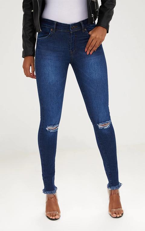 Dark Wash Frayed Hem Knee Rip Skinny Jean