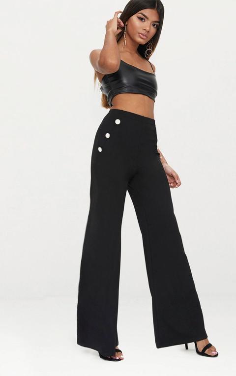 Petite Black Military Button Wide Leg Trousers