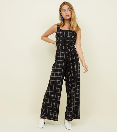 Petite Black Grid Check Belted Jumpsuit New Look