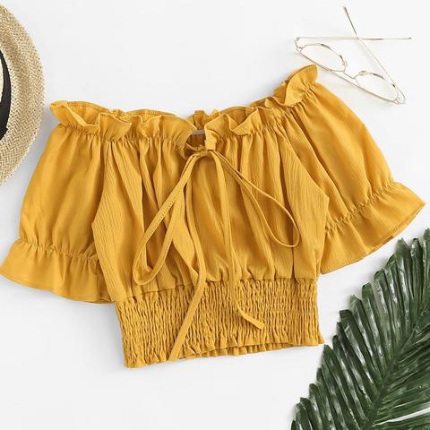 Blusa Smocked Ribete Fruncido De Manga Con Volante