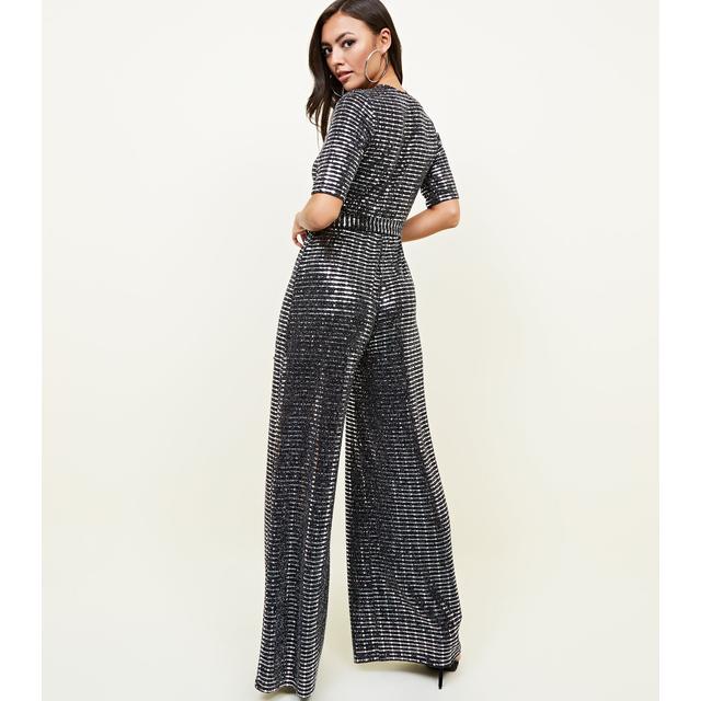 silver mirrored sequin wrap jumpsuit