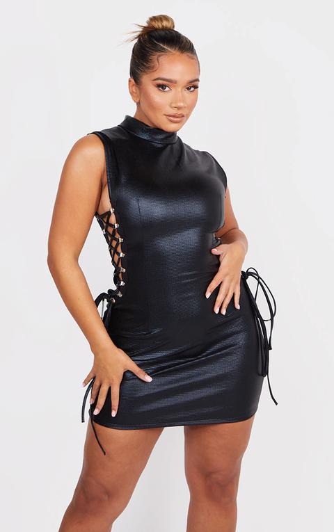 Shape Black Lace Up Side Detail High Neck Bodycon Dress