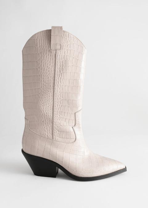 Croc Embossed Leather Cowboy Boots - White