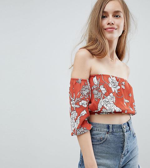 Pull&bear - Top Con Spalle Scoperte Color Ruggine Con Stampa Di Foglie - Rosso