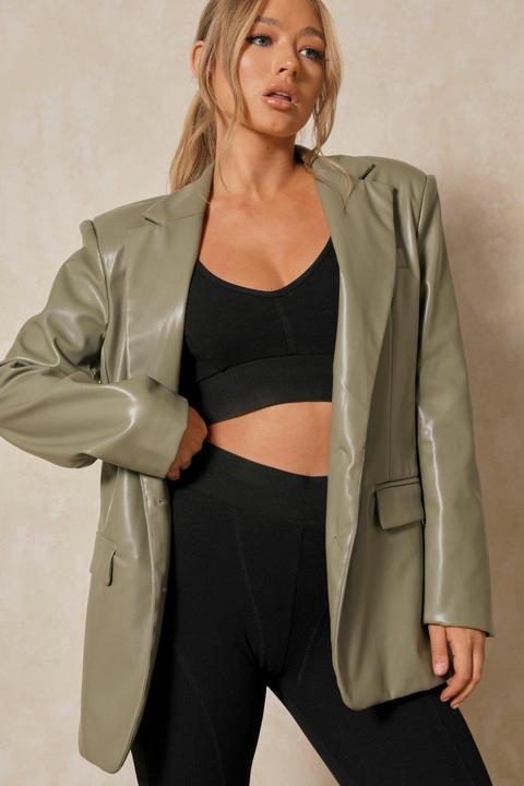 Womens Leather Look Oversized Blazer Sage