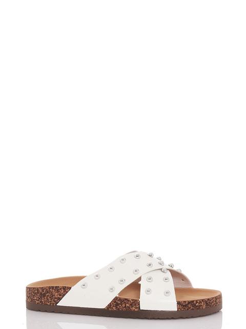 White Stud Cross Strap Flat Sandals