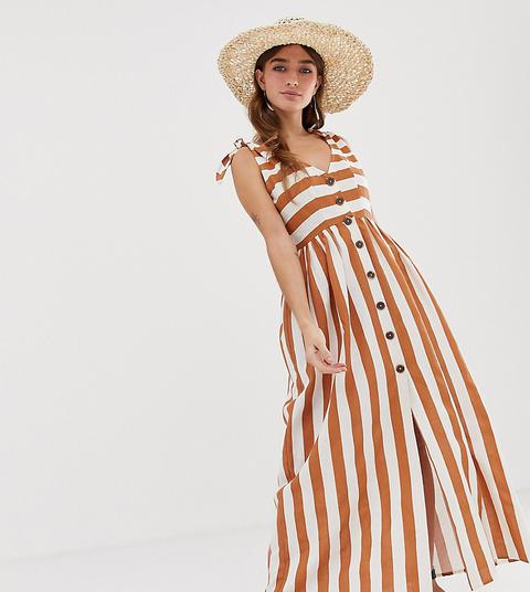 Asos Design Petite Button Through Smock Maxi Dress In Stripe-multi