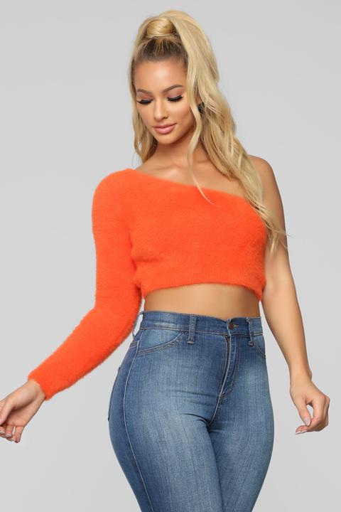 Fuzz What You Heard One Shoulder Sweater - Orange