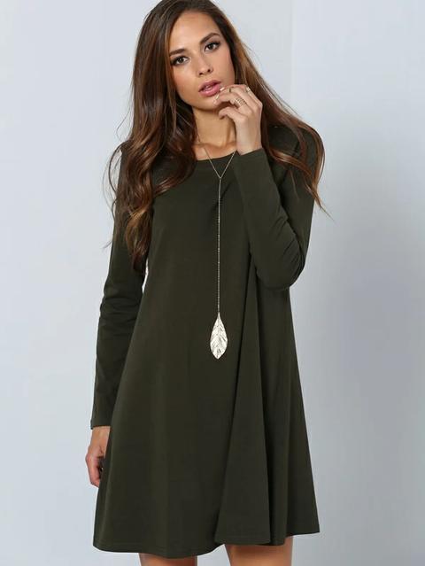 Vestido Manga Larga Casual -verde Oscuro