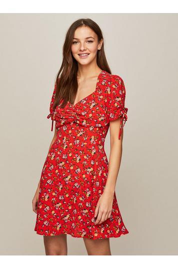 Womens Red Floral Print Ruched Tea Dress, Assorted