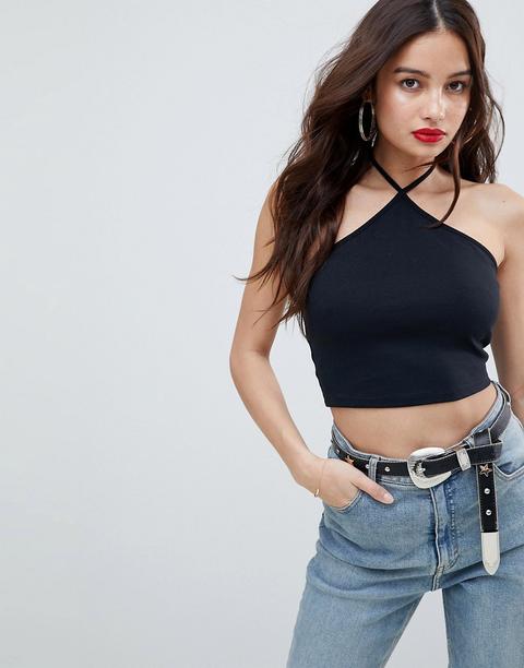 Asos Design Crop Top With Tie Halter In Black