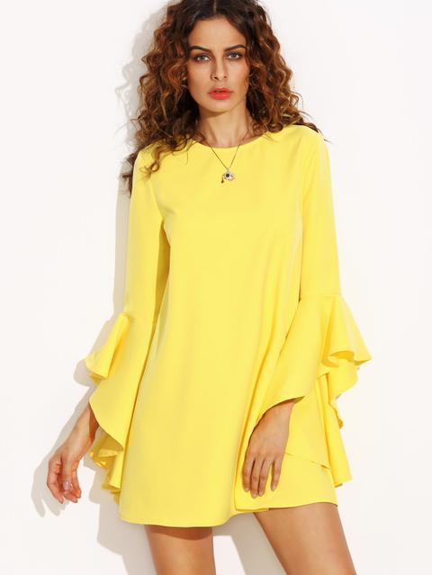 Vestito Largo Girocollo Maniche Increspata - Giallo