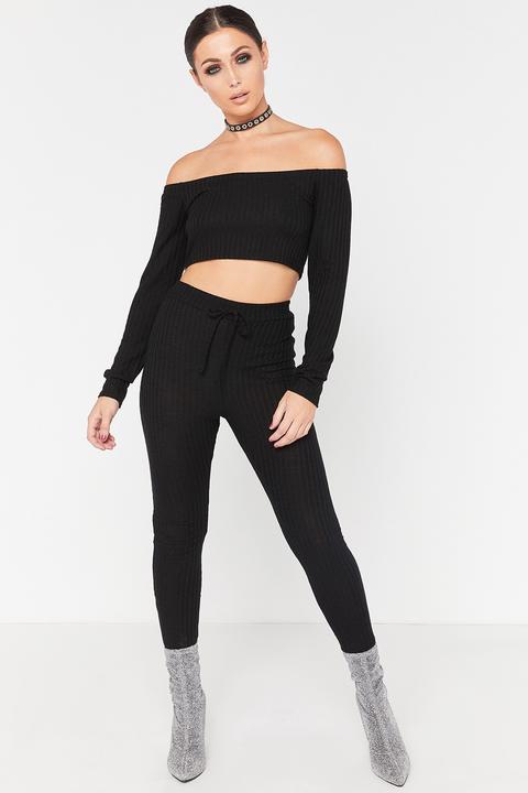 Fiona Black Ribbed Cropped Loungewear Set