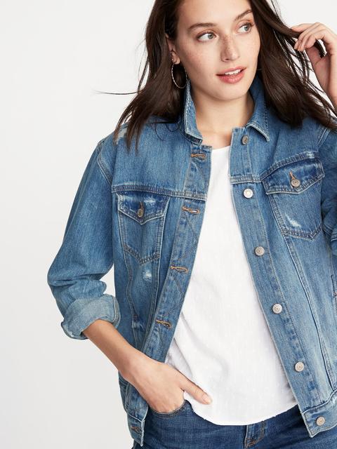 Distressed Boyfriend Jean Jacket For Women