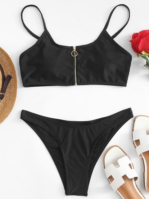 Zipper Front Top With High Cut Bikini Set