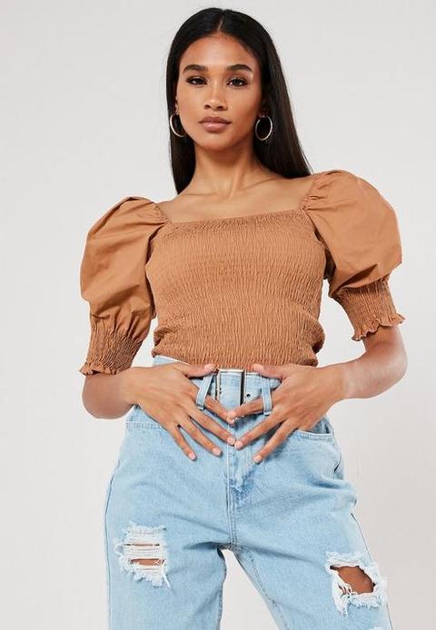 Camel Shirred Puff Sleeve Milkmaid Top, Camel