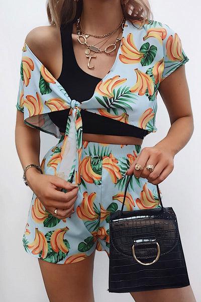 Blue Tropical Print Crop Top And Shorts Co-ord - Olivia