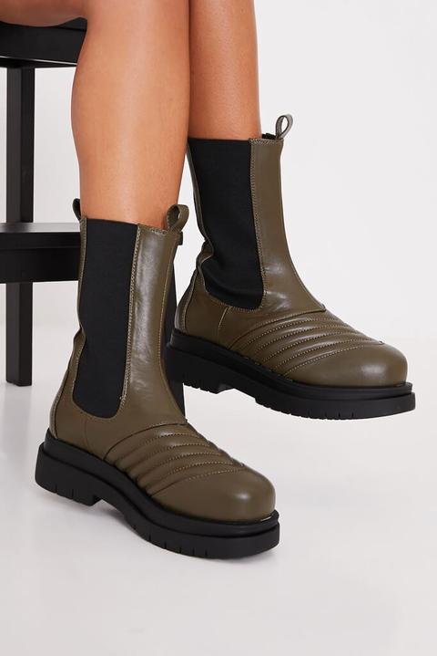 Khaki Chunky High Ankle Boot