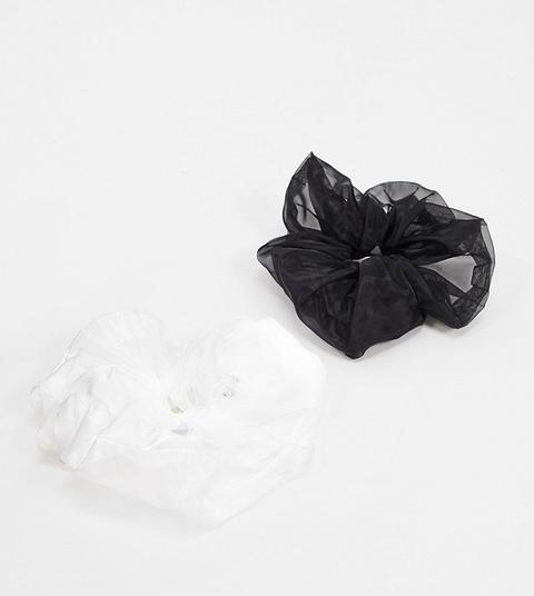 My Accessories London Exclusive 2 Pack Oversized Organza Hair Scrunchies In Black And White-green