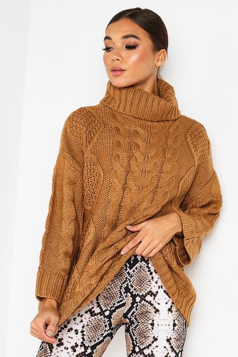 Camel Oversized Knitted Roll Neck Jumper