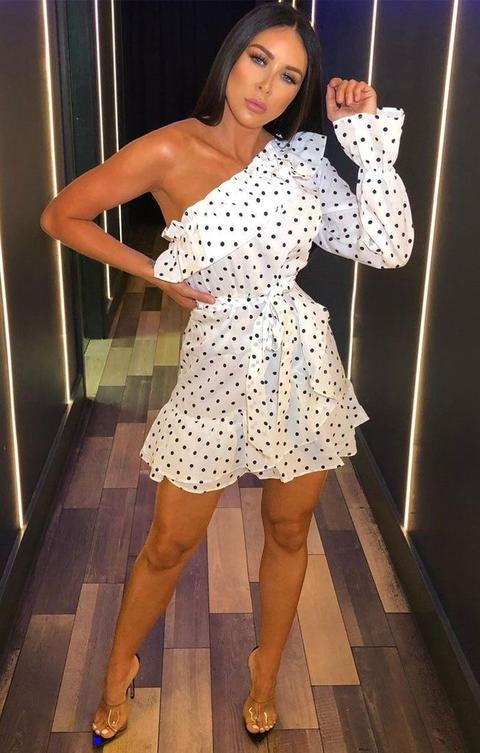 White Polka Dot Ruffle One Shoulder Mini Dress - Alea